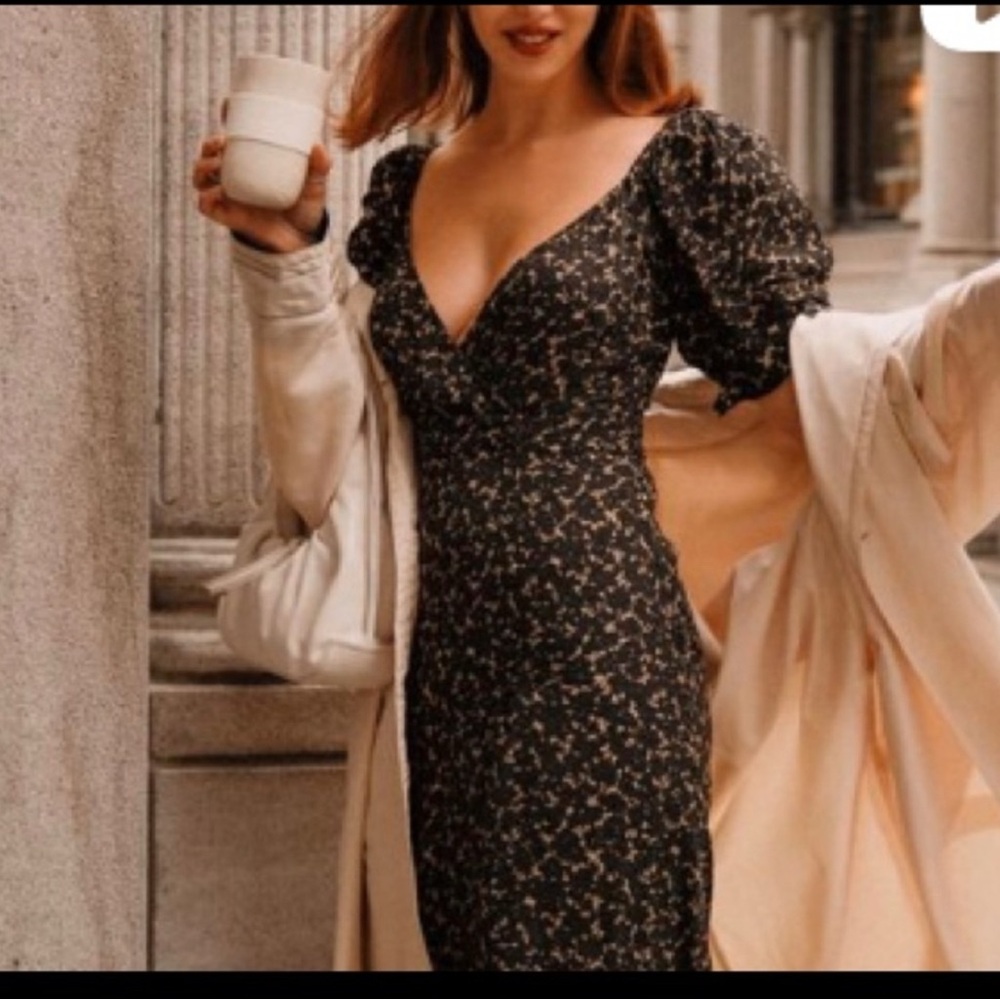 ba&sh Black and White Puff Sleeve Wrap Dress